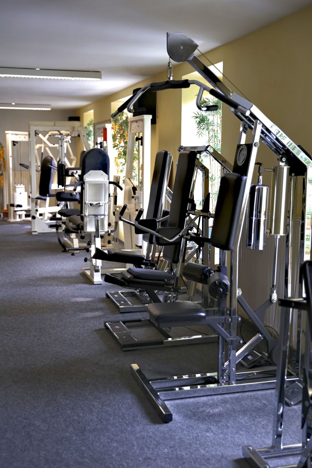 Reihe von Kraftgeräten im Trainingsraum