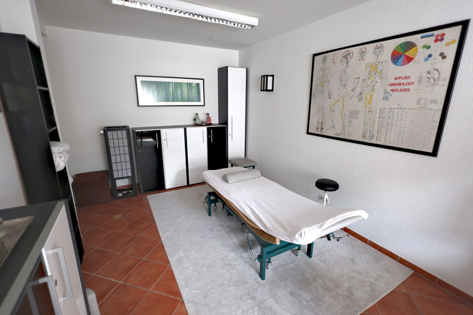 Behandlungsraum mit Therapieliege und Lehrtafel